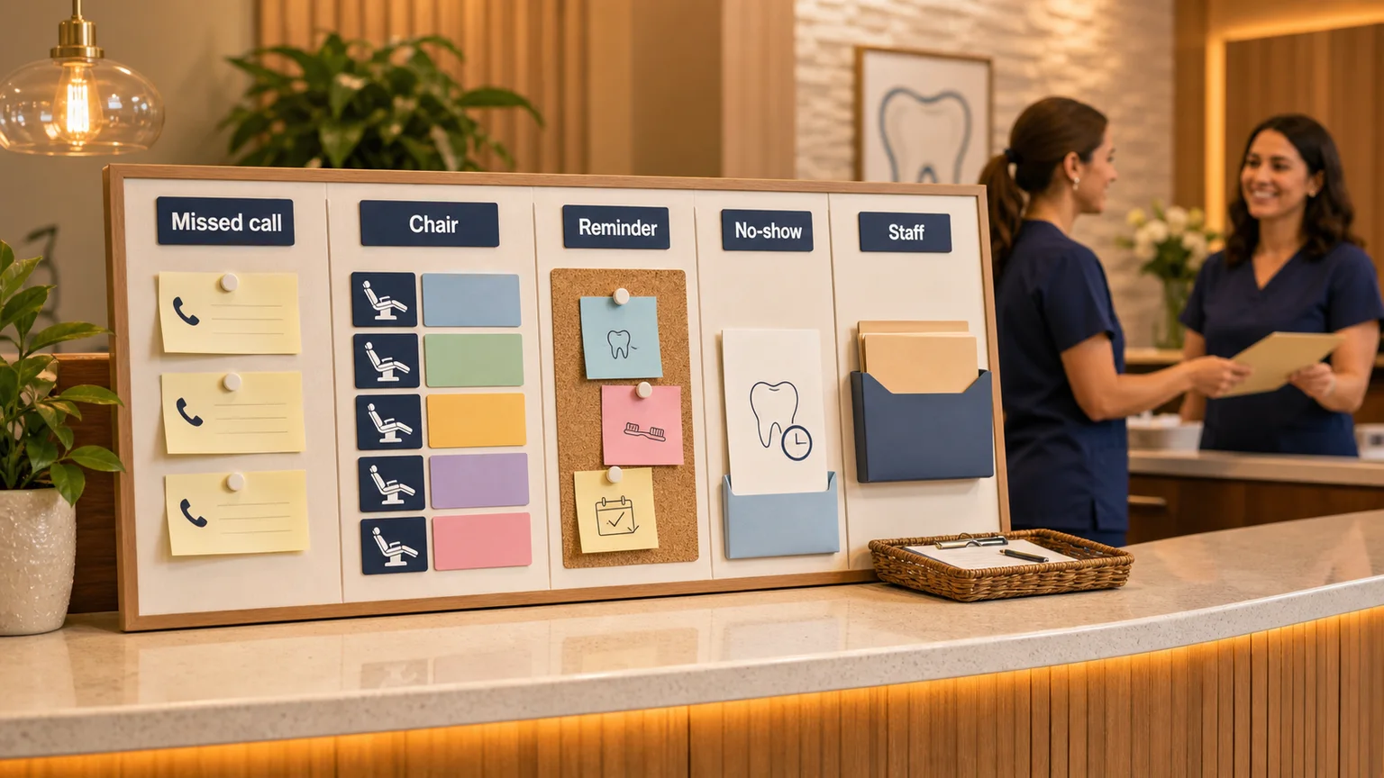 Dental receptionist board with missed calls, chair schedule, reminders, no-shows, and staff handoff