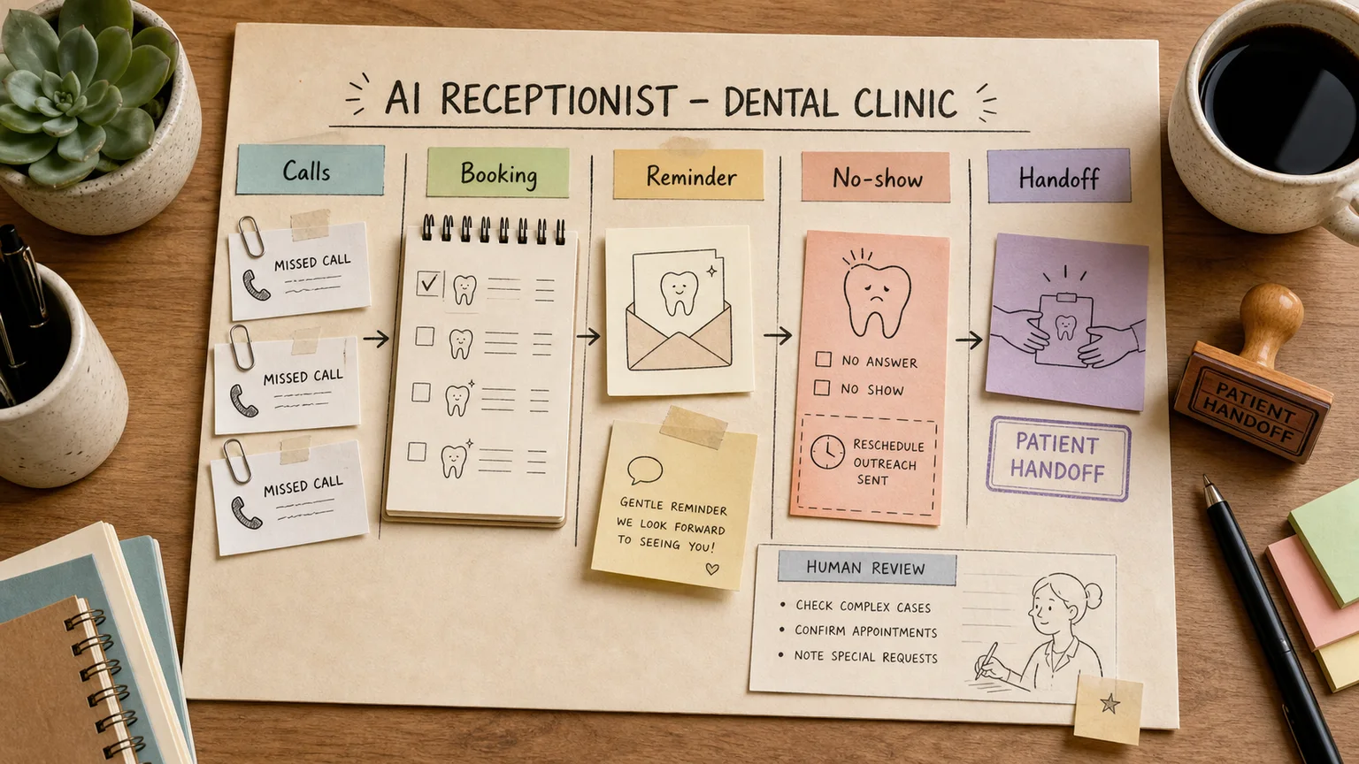 AI receptionist answering a dental patient message, checking the schedule, and handing off a complex case to staff