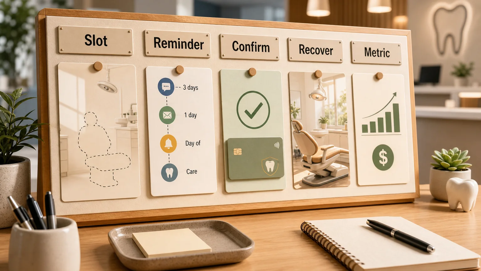 Dental no-show economics board with empty slot, reminders, confirmation, recovered time, and metrics
