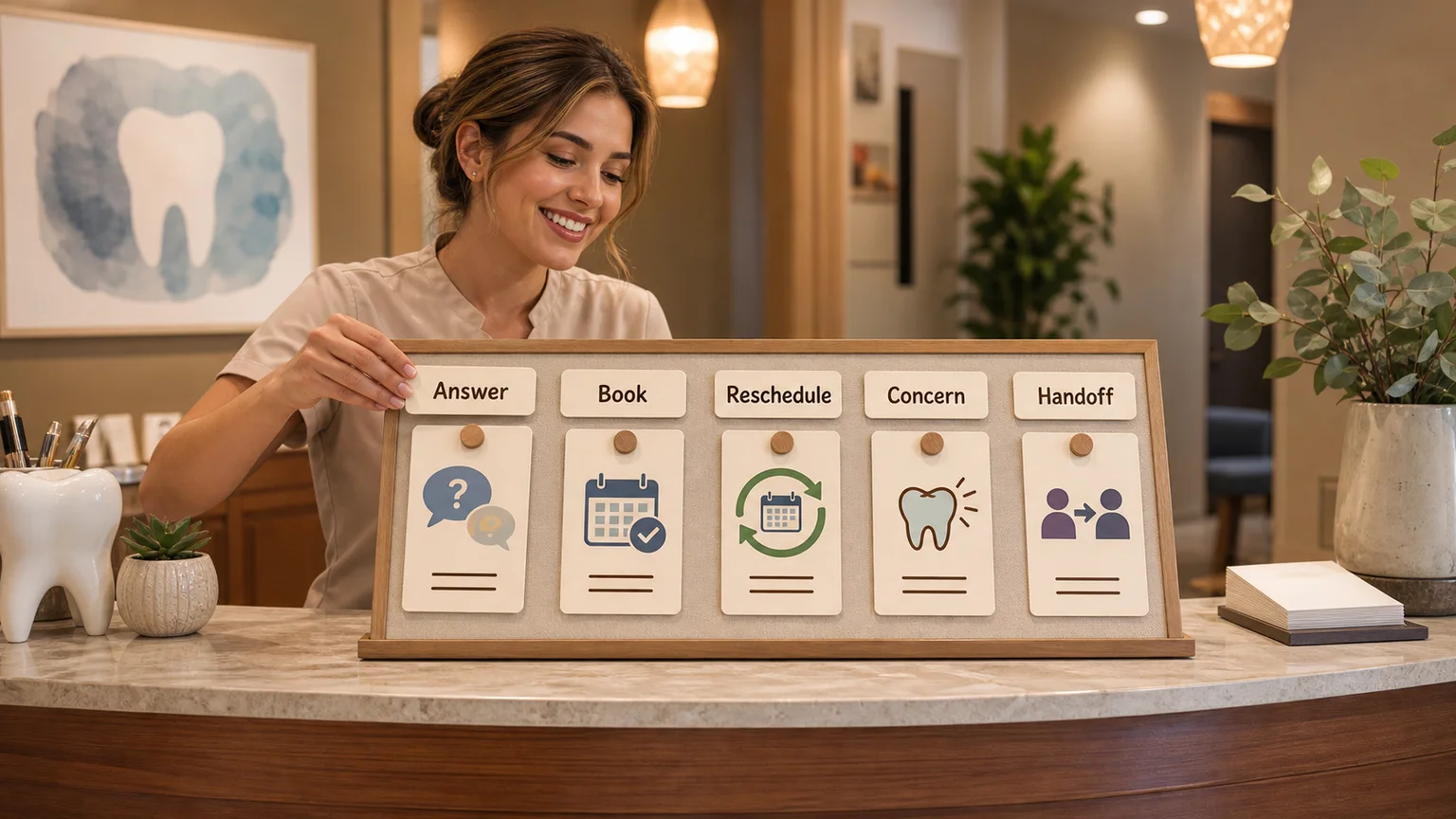 Dental receptionist task map with answers, booking, rescheduling, patient concerns, and handoff