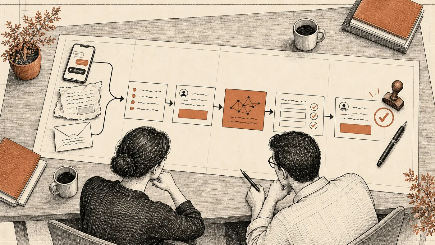 Process map splitting each step between rules, an AI model, and a human approval