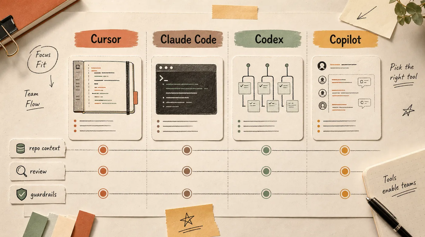 Paper comparison board with Cursor, Claude Code, Codex, and Copilot cards scored against repo context, review, and guardrails