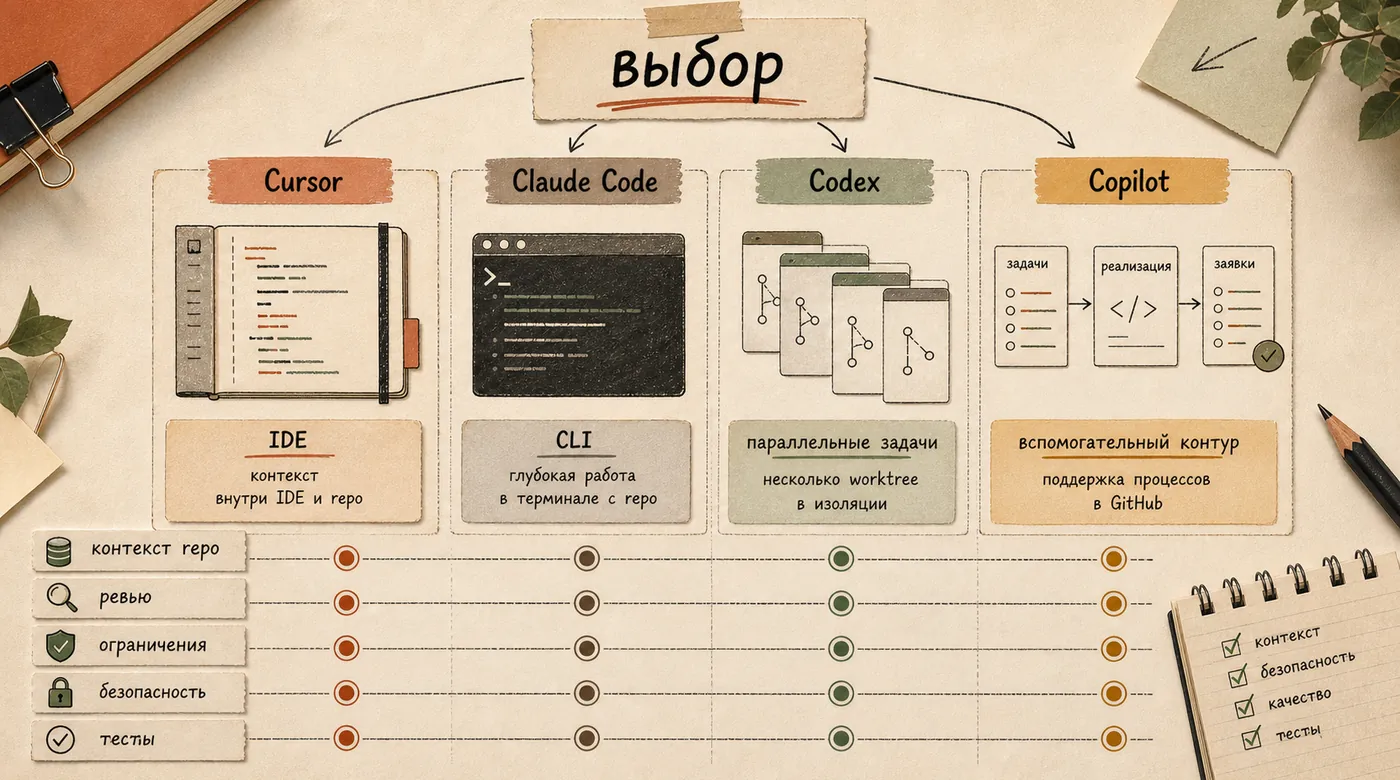 Бумажная карта выбора с карточками Cursor, Claude Code, Codex и Copilot, контекстом repo, ревью, безопасностью и тестами