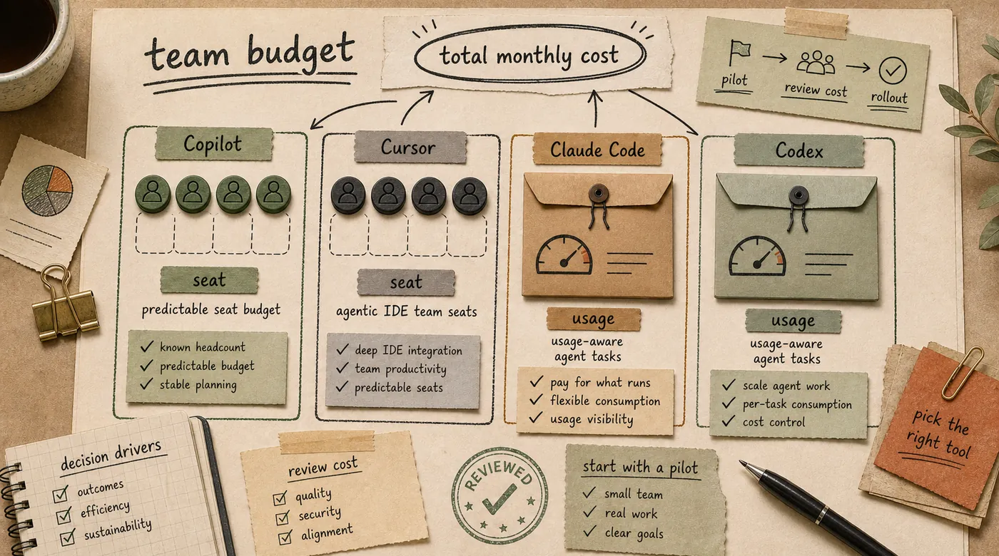 Team budget worksheet comparing seat-based tool costs with usage-aware agent task envelopes, pilot checks, and review cost