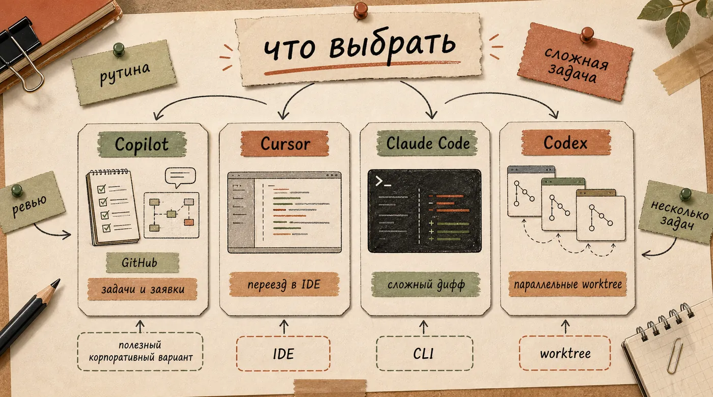 Карточки выбора под задачи команды: Copilot для GitHub-рутины, Cursor для IDE, Claude Code для сложного диффа и Codex для параллельных worktree