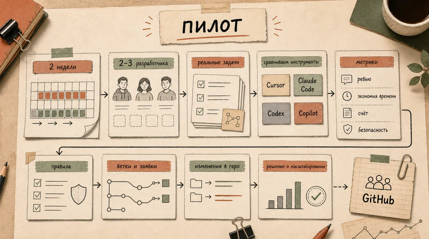 План двухнедельного пилота с 2-3 разработчиками, реальными задачами, метриками ревью, счётом, безопасностью и правилами