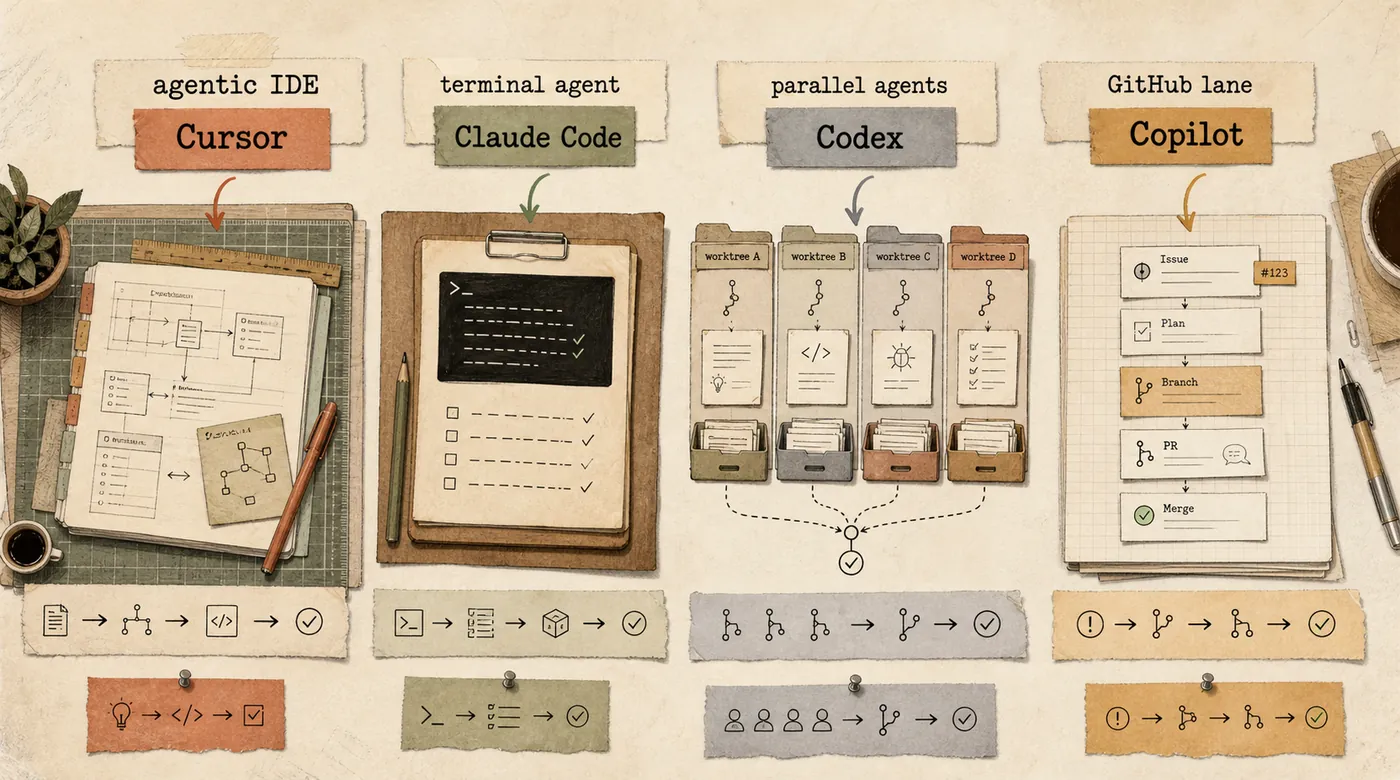 Four paper workflow stations showing Cursor as an agentic IDE, Claude Code as a terminal agent, Codex as parallel worktrees, and Copilot as a GitHub lane