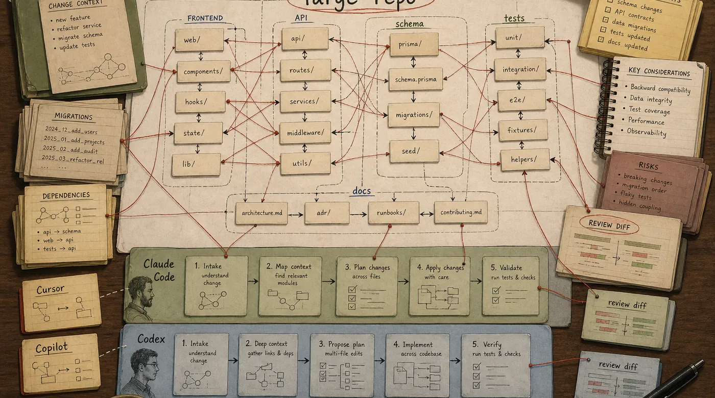 Large repo architecture map with connected frontend, API, schema, tests, docs, review diffs, and agent work lanes for Claude Code and Codex