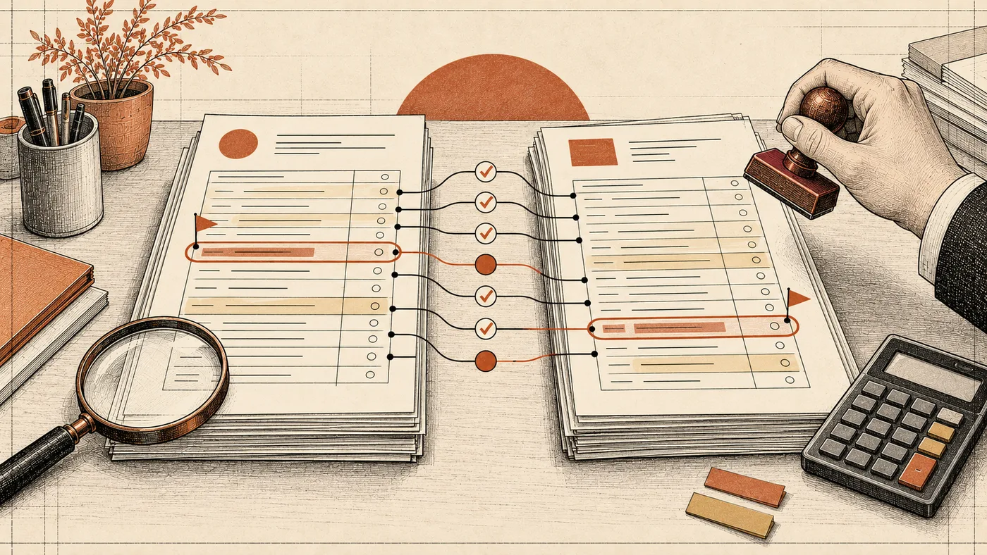 Two stacks of invoices, one from a tax portal and one from an accounting ledger, linked row by row; matches are ticked, two rows are circled as mismatches while a hand holds an approval stamp