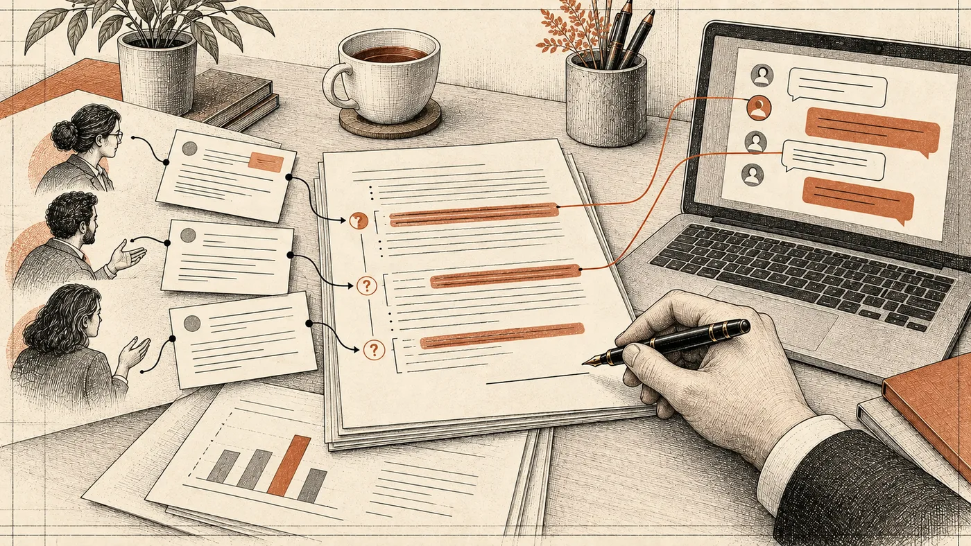 An executive's desk: a decision memo with underlined lines and question marks in the margin, a laptop chat thread linked to those lines, brief cards for three team members, and a pen above an empty signature line