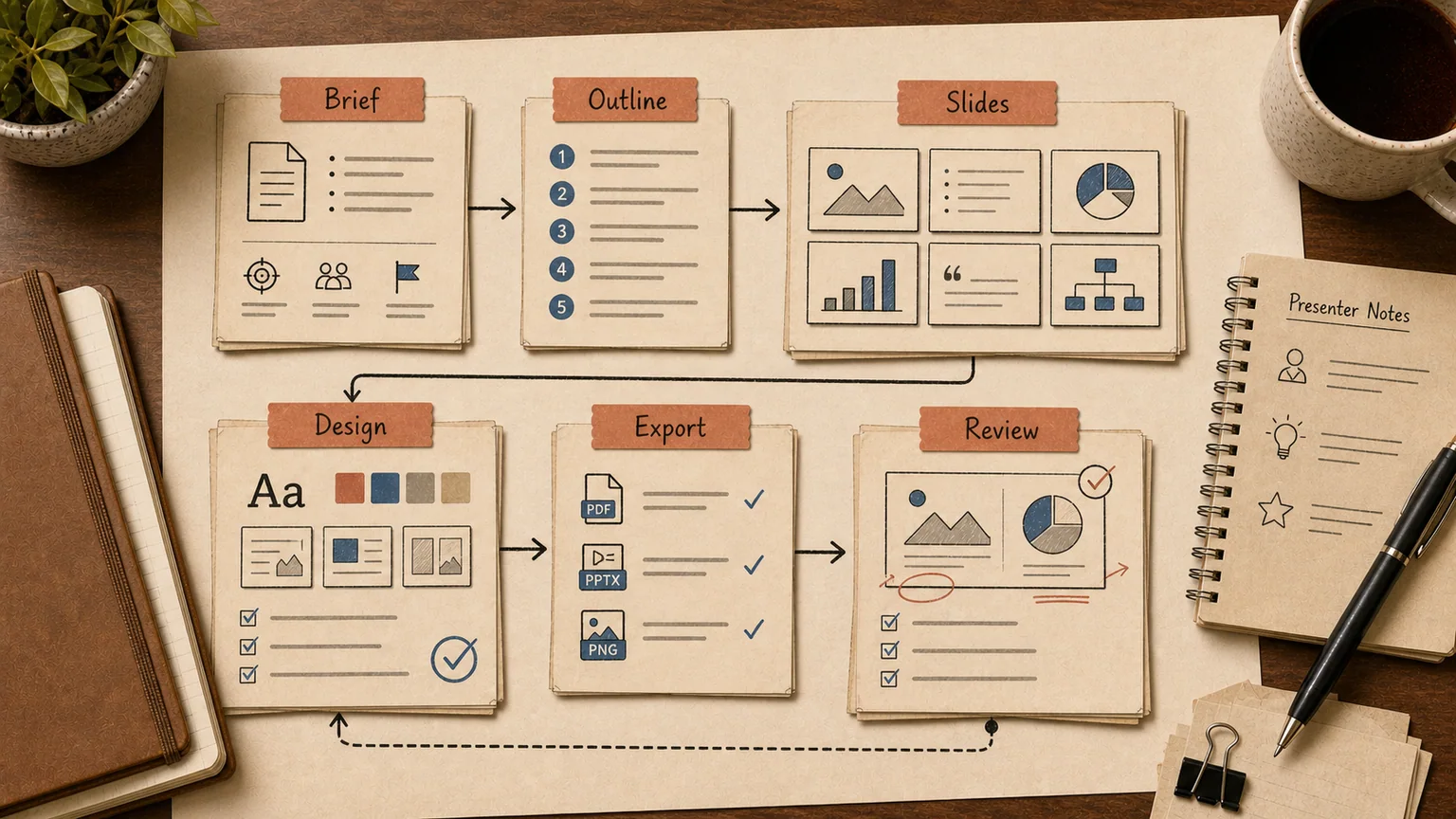 Comparison of AI presentation tools showing draft generation and human review