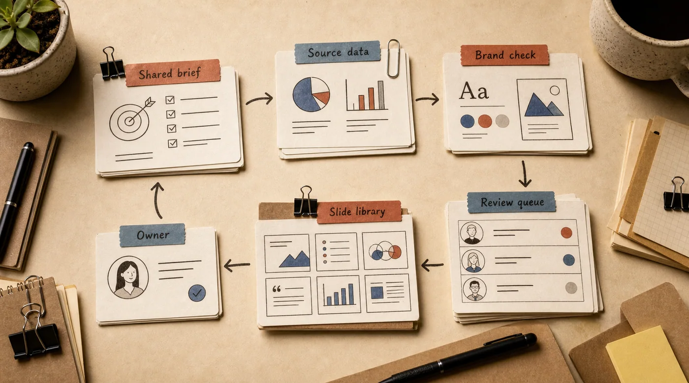 Team presentation workflow kit with shared brief, source data, brand check, review queue, slide library, and owner card