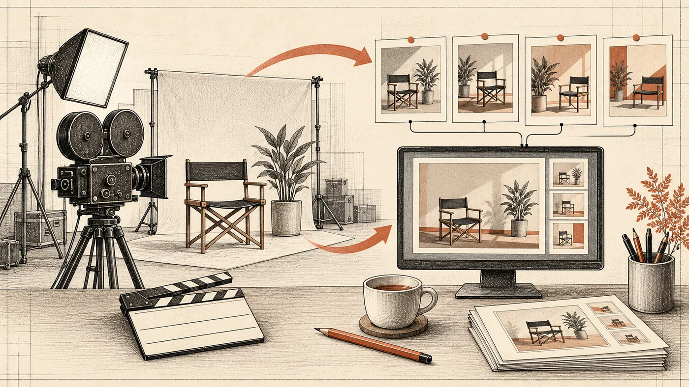 A film set with lights and a camera on the left, and a monitor with a storyboard and generated frames of the same ad on the right