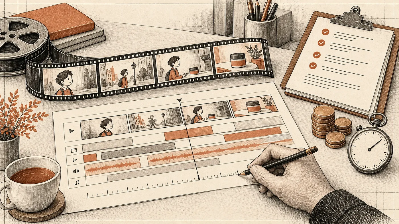 Editing desk with an AI ad storyboard, a timeline marked in seconds, and a cost estimate