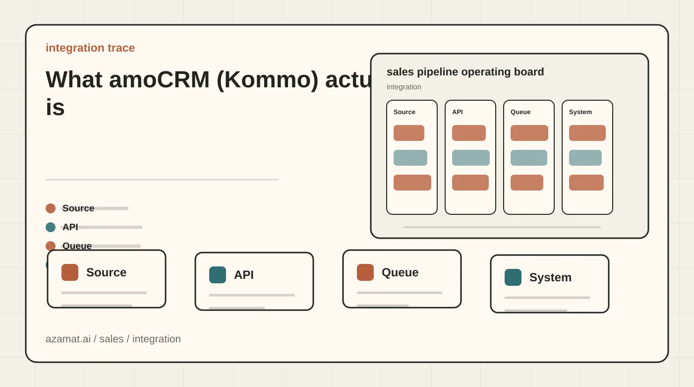 Sales AI board with lead card, CRM fields, follow-up task, manager review, and funnel signal for the What amoCRM (Kommo) actually is section