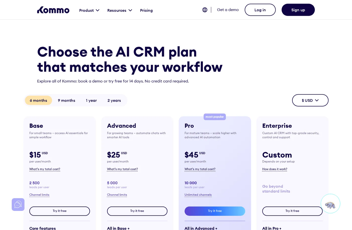 Source screenshot: the official Kommo pricing page, July 2026