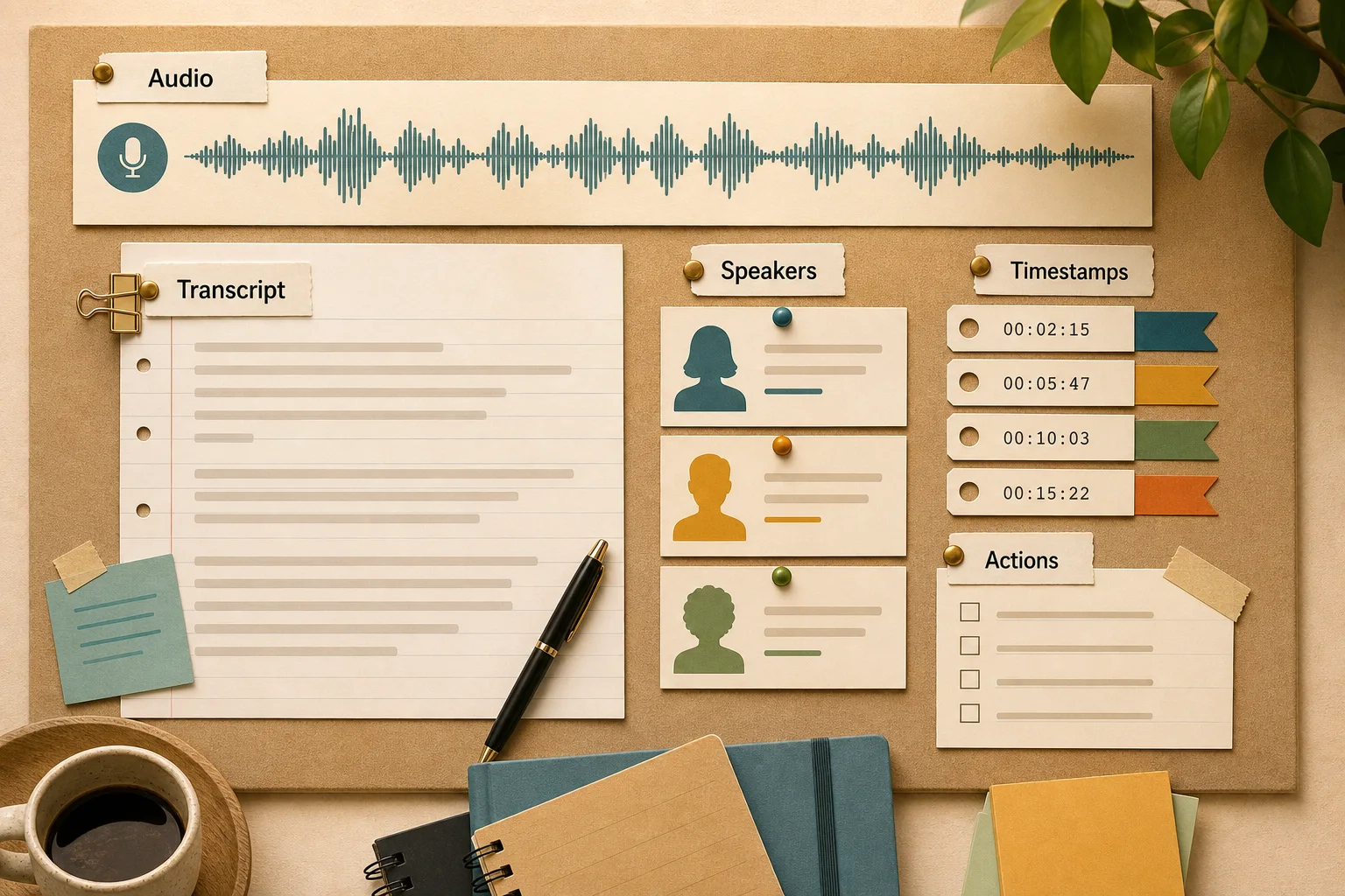 Audio transcription workflow board with audio, transcript, speakers, timestamps, and actions