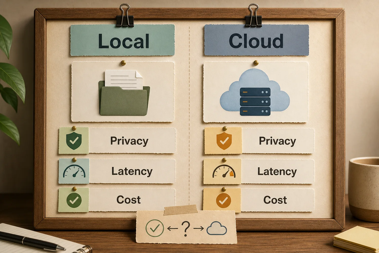 Whisper and cloud API comparison board with local, cloud, privacy, latency, and cost cards
