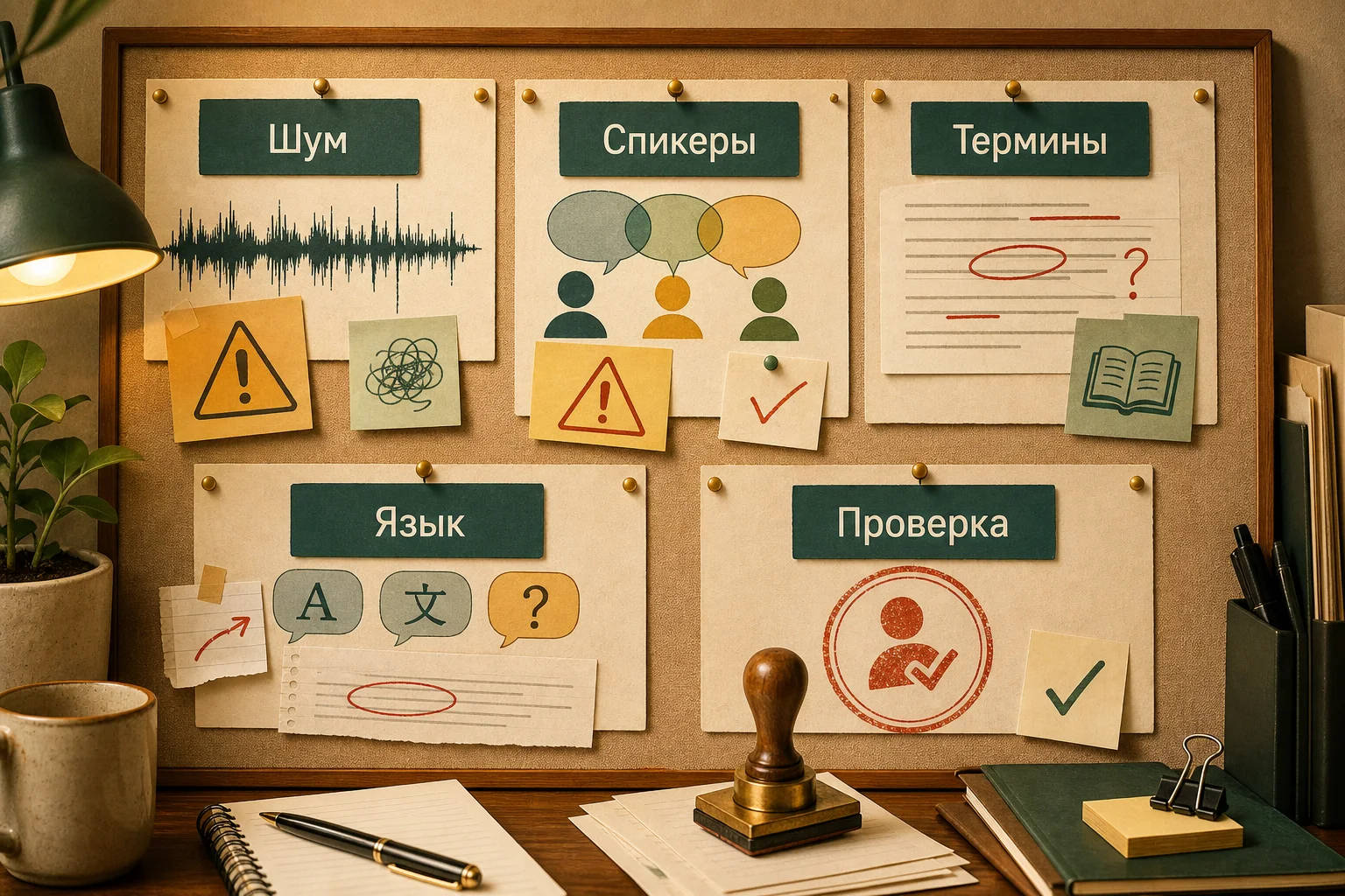 Доска проверки транскрибации с шумом, спикерами, терминами, языком и ручной проверкой