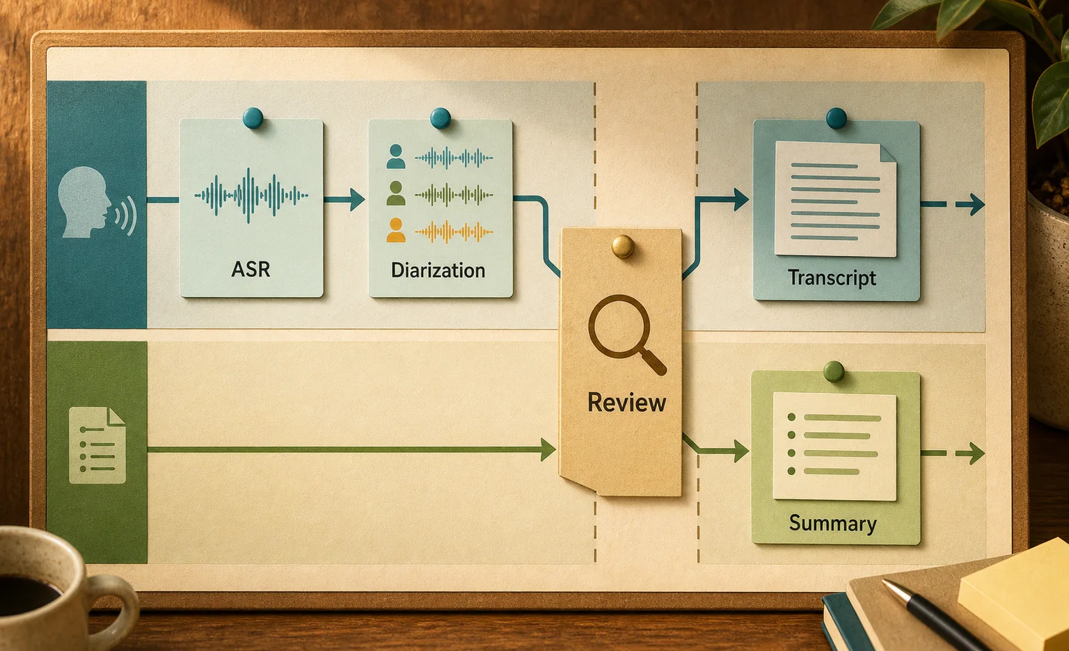 Two-lane transcription workflow board with ASR, diarization, transcript, summary, and review