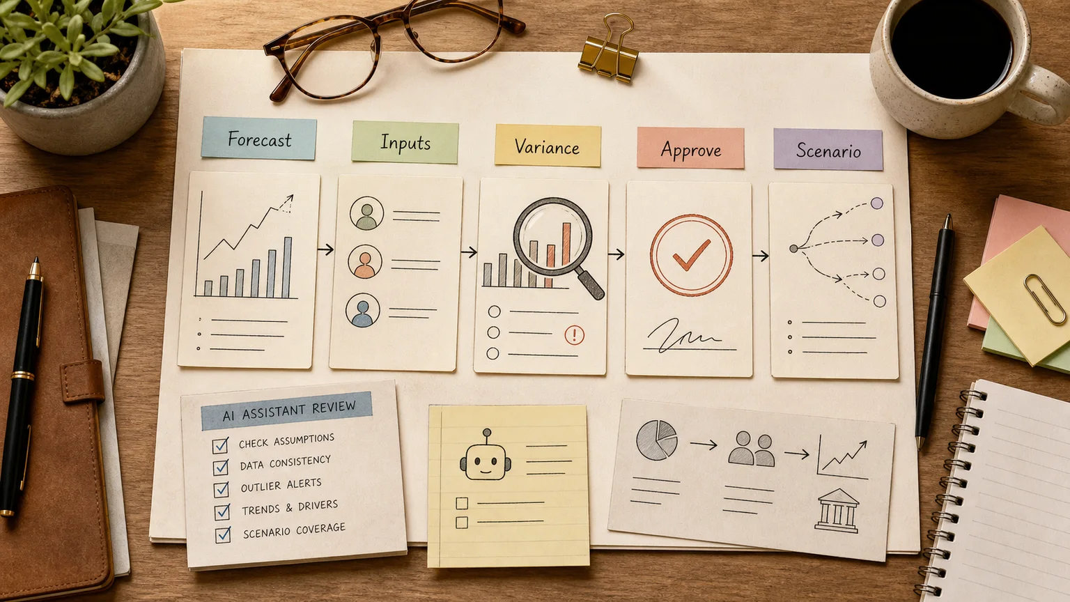 AI budgeting cycle with scenario models, version history, department approvals, and a final CFO decision