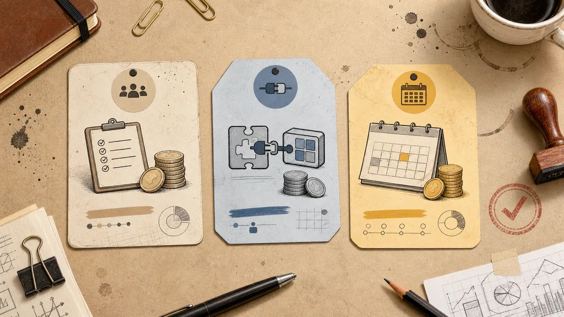 Chatbot cost stack with team, integration, calendar, support, and operating cards on a paper desk