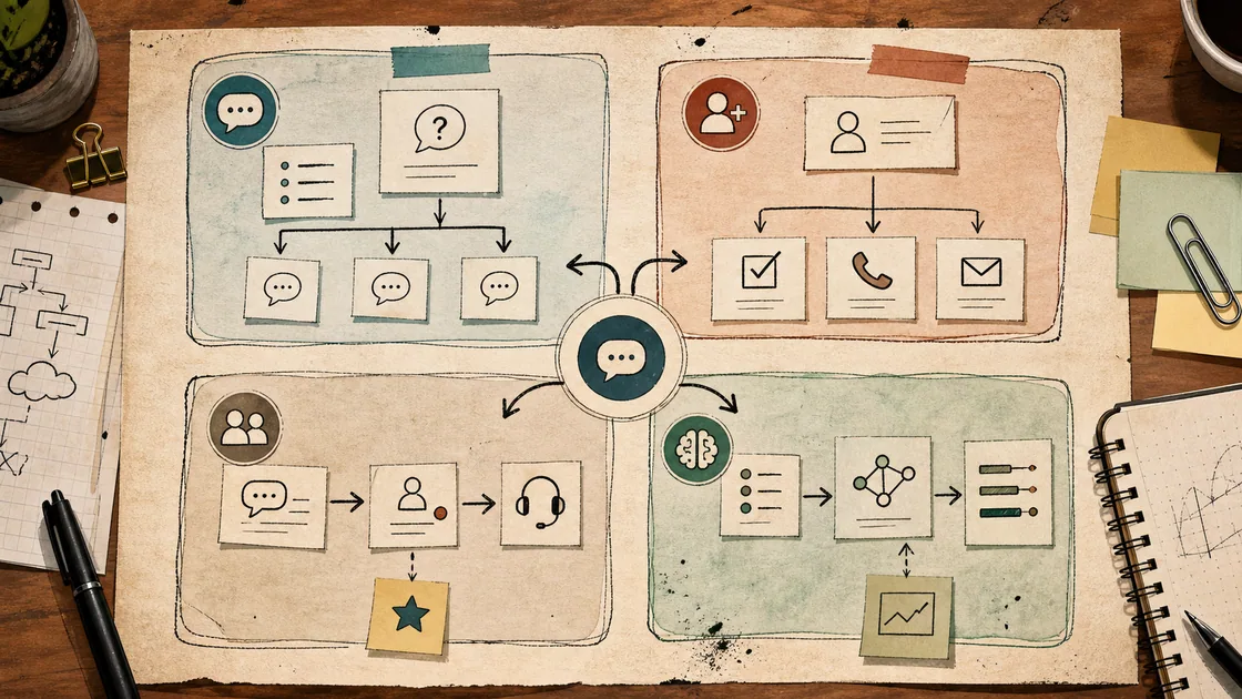 Business chatbot map with FAQ, support, request intake, AI answer, and operator handoff cards