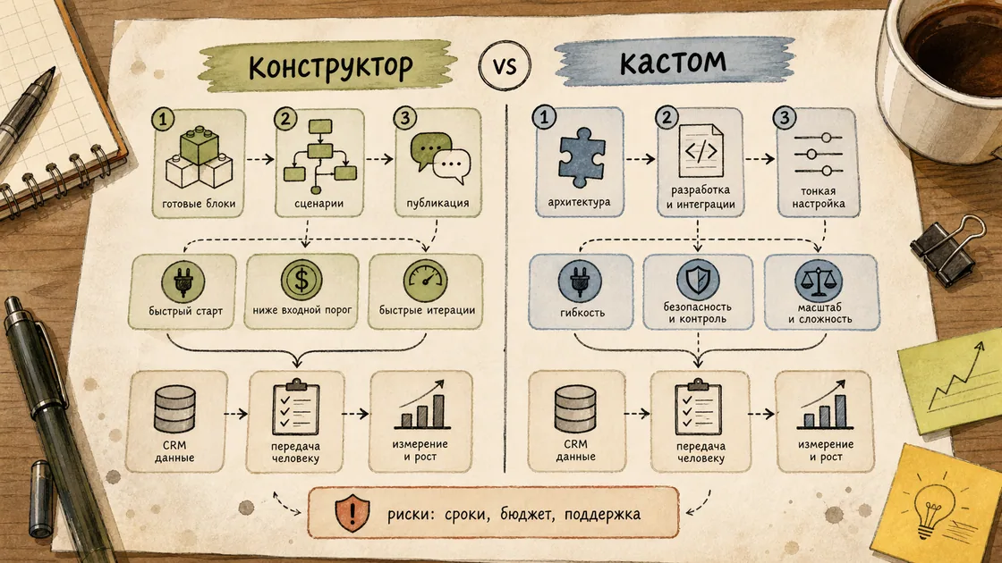 Входящие сообщения с шаблонами, диалогами клиентов, черновиком ИИ и передачей оператору для раздела «Конструктор или кастом: как выбрать»