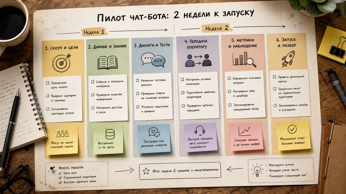 Входящие сообщения с шаблонами, диалогами клиентов, черновиком ИИ и передачей оператору для раздела «Как запустить: пилот, а не сразу всё»