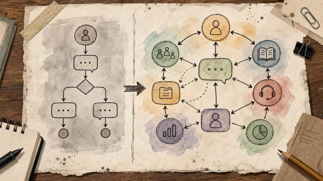 Chatbot decision tree connected to support, sales, knowledge, and analytics cards