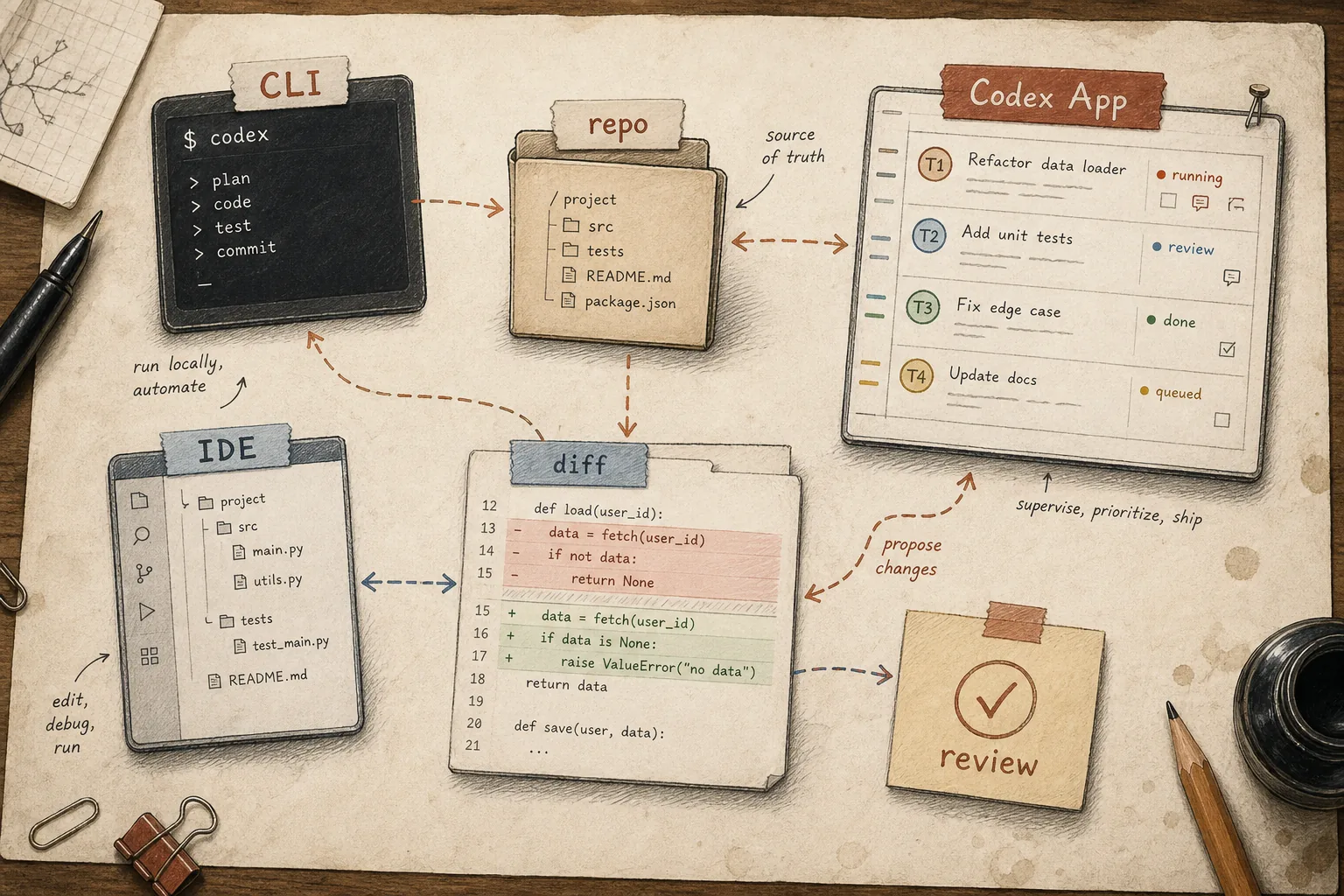 Paper workflow map connecting Codex App, CLI, IDE context, repository files, diff review, and human approval