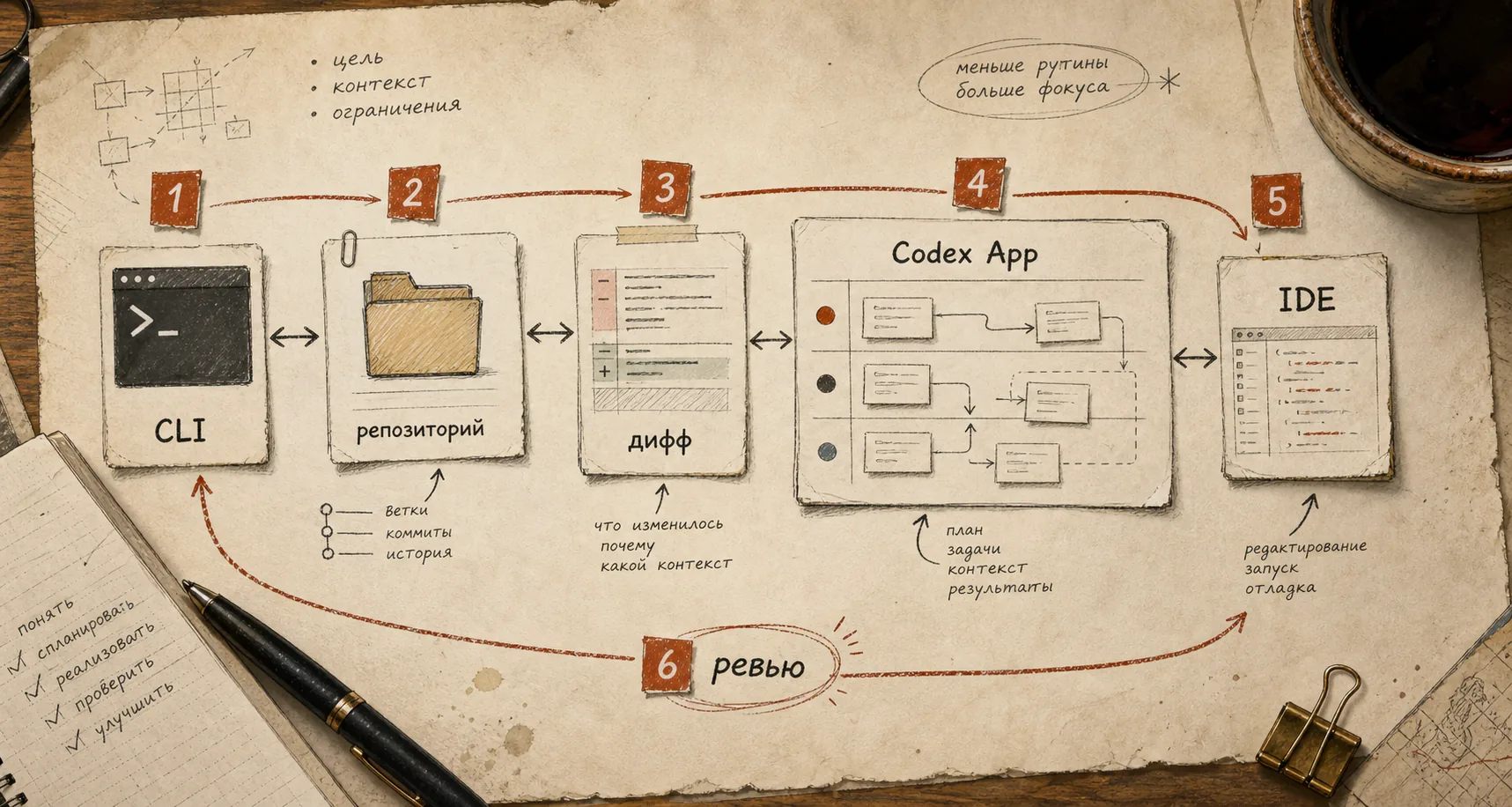 Бумажная схема рабочего контура Codex App, CLI, IDE, репозитория, диффа и ревью