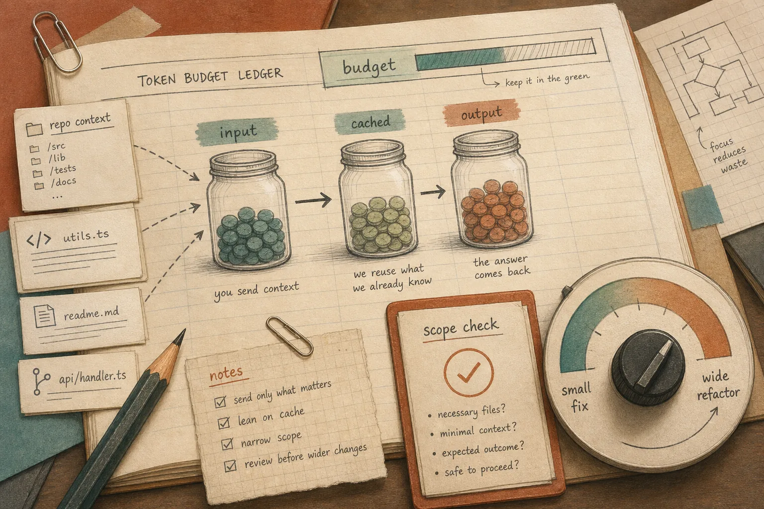 Token budget worksheet with input, cached, and output counters plus a scope dial from small fix to wide refactor