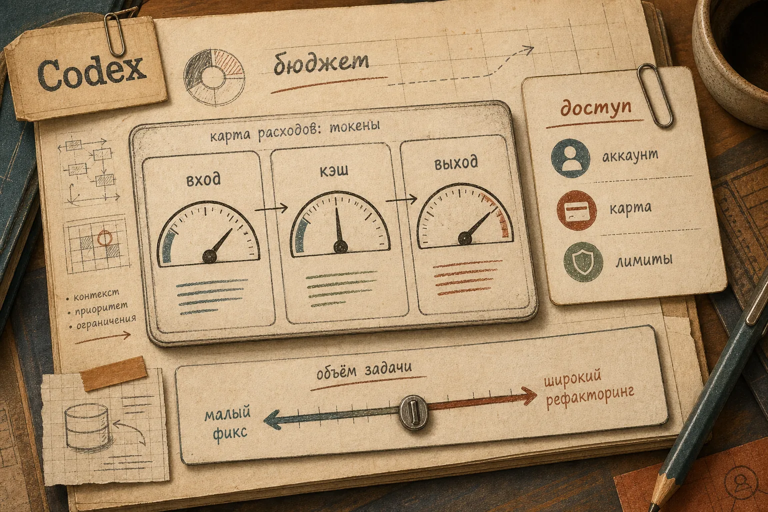 Лист бюджета Codex с учётом входных, кэшированных и выходных токенов, доступом, лимитами и объёмом задачи
