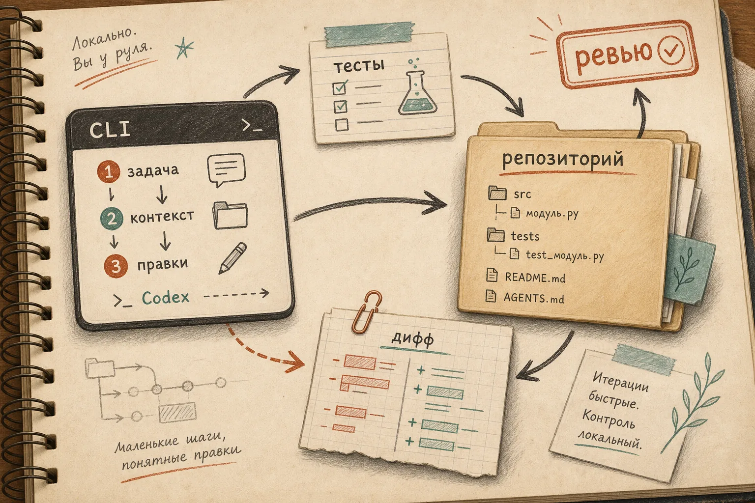 Рабочий цикл CLI: задача, контекст репозитория, правки, тесты, дифф и ревью на бумажной схеме
