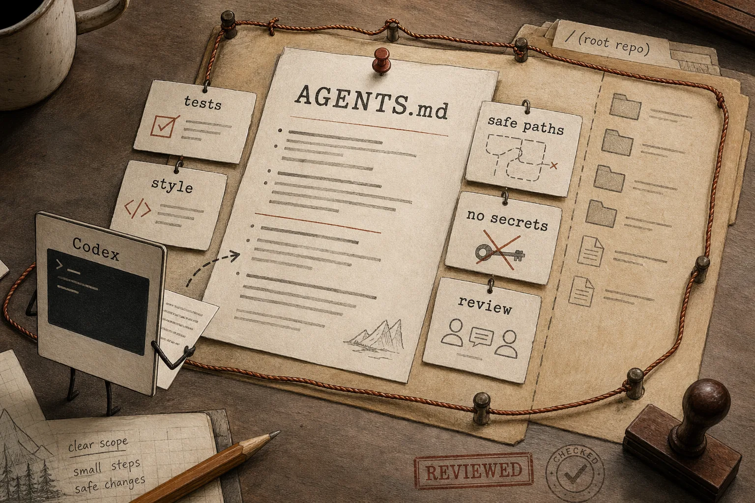 AGENTS.md instruction sheet surrounded by test, style, safe path, no secrets, and review guardrail cards for Codex