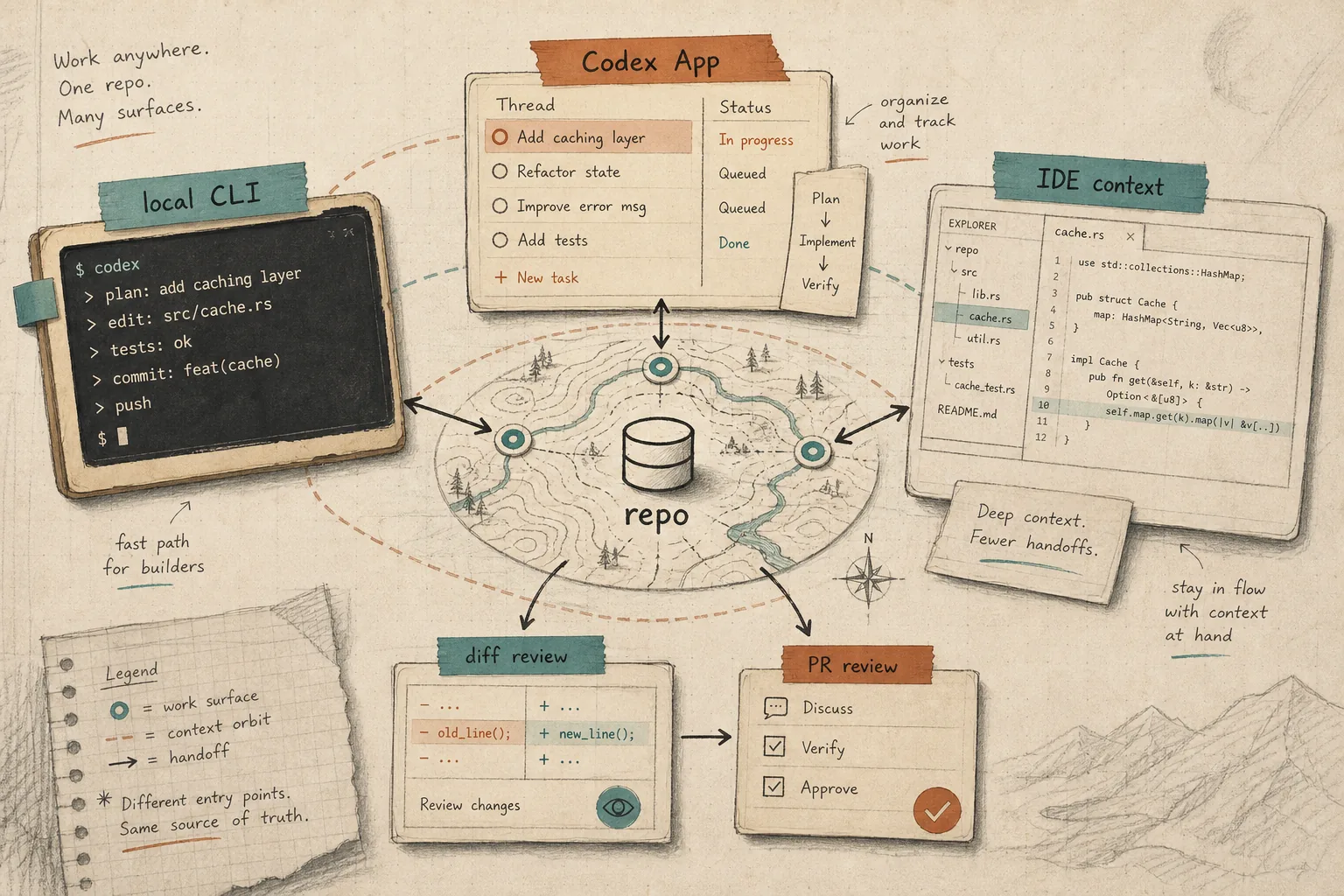Annotated repo map showing local CLI, Codex App task threads, IDE context, diff review, and PR review around one codebase