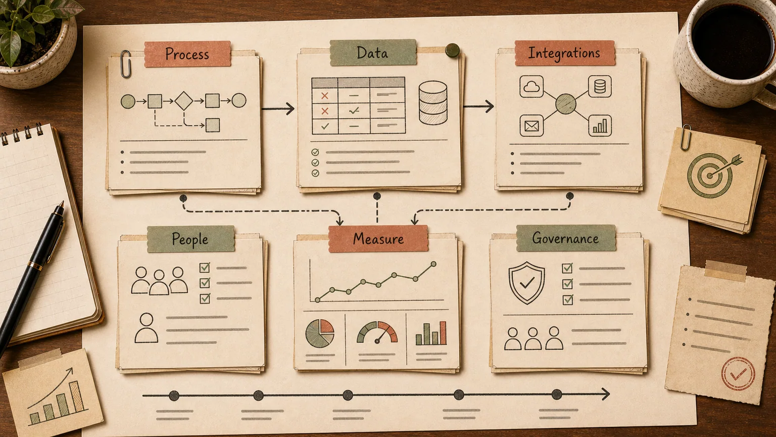 Digital transformation roadmap showing processes, data, AI, and human review