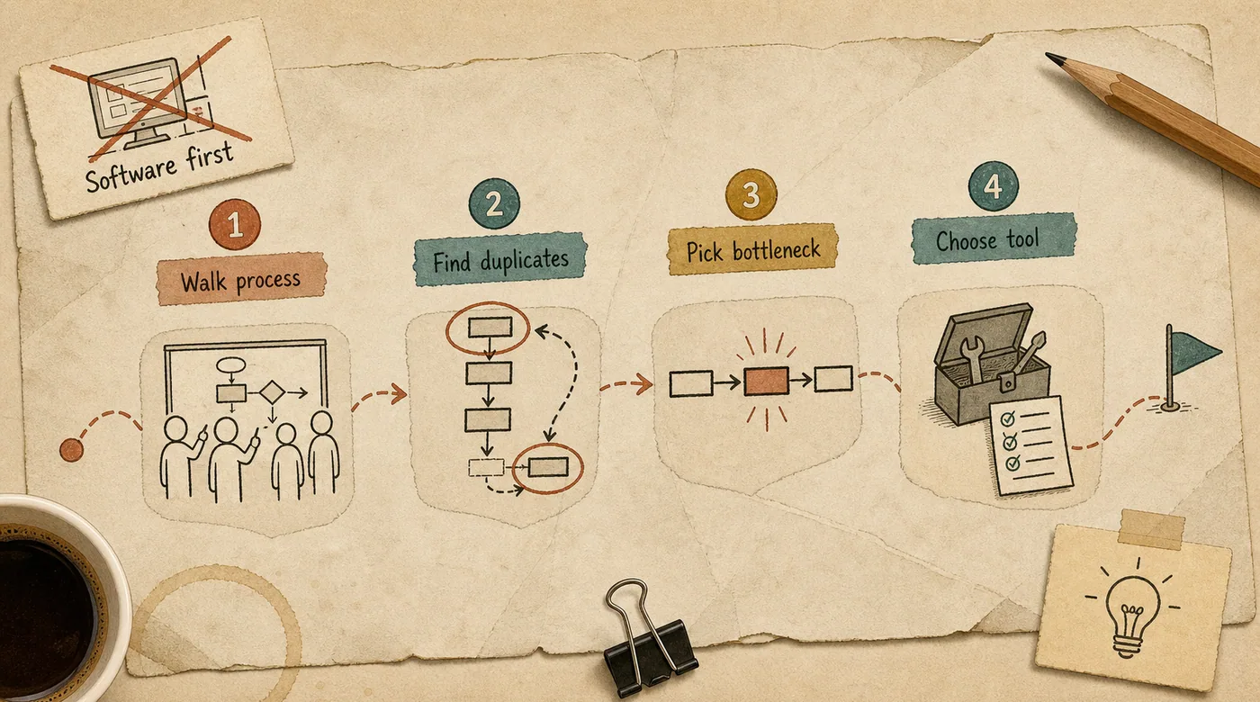 Process-first transformation sequence from walking one workflow to finding duplicates, choosing a bottleneck, and selecting a tool
