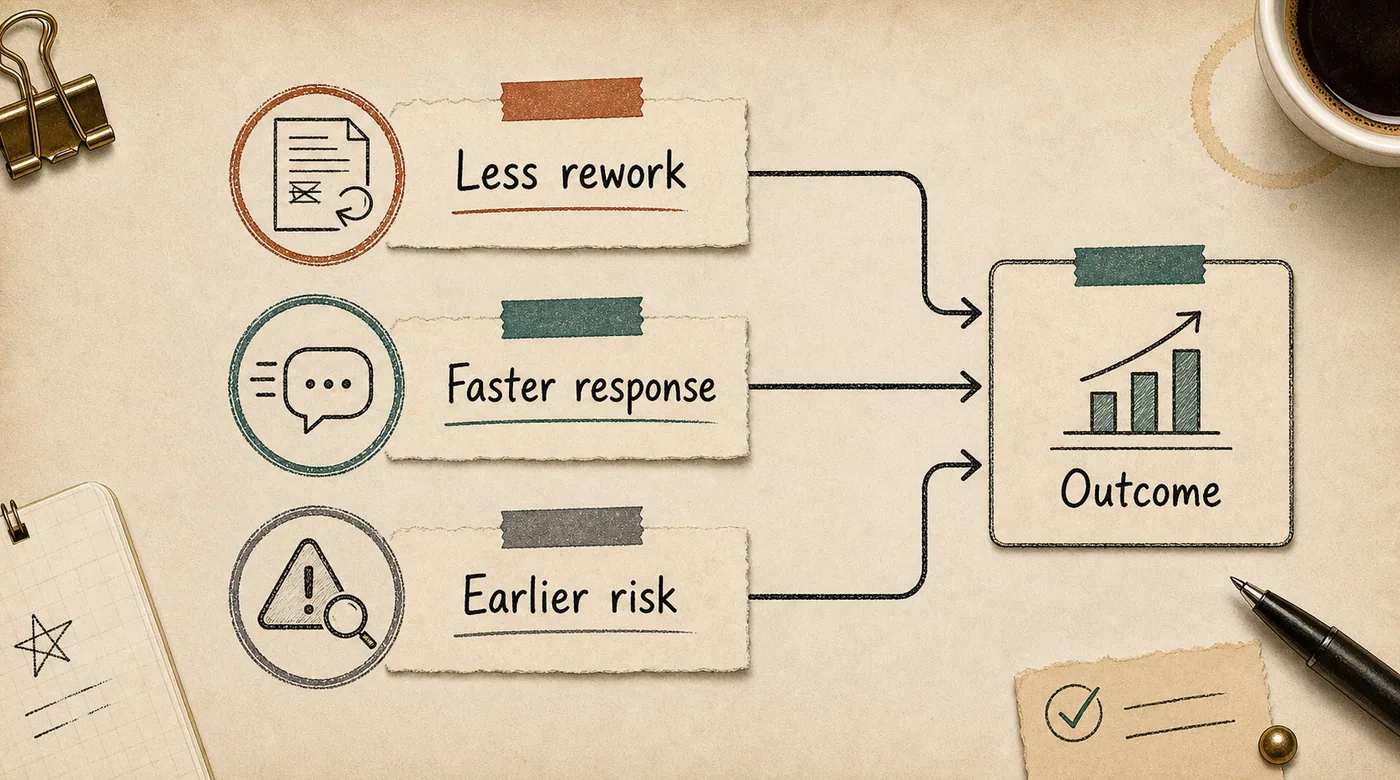 Business outcome diagram linking digital transformation to less rework, faster customer response, and earlier risk detection