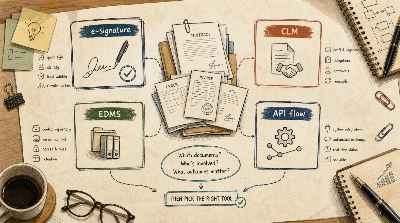 Decision map separating e-signature, CLM, EDMS, and API document flows