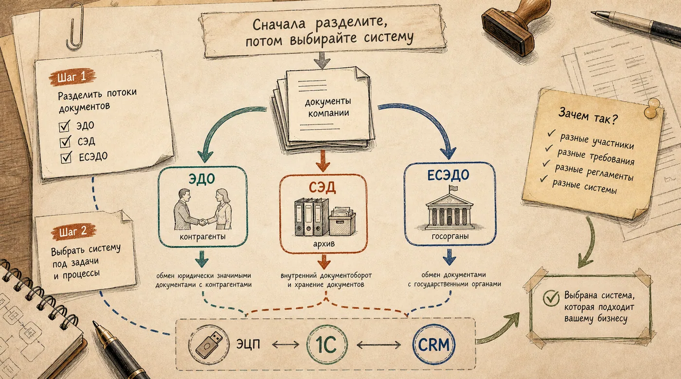 Карта выбора между ЭДО, СЭД и ЕСЭДО с ЭЦП и интеграциями 1C и CRM