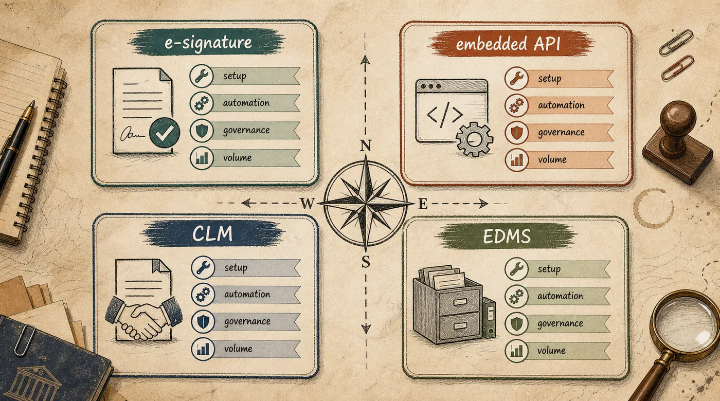 Compass-style comparison of e-signature, embedded API, CLM, and EDMS criteria