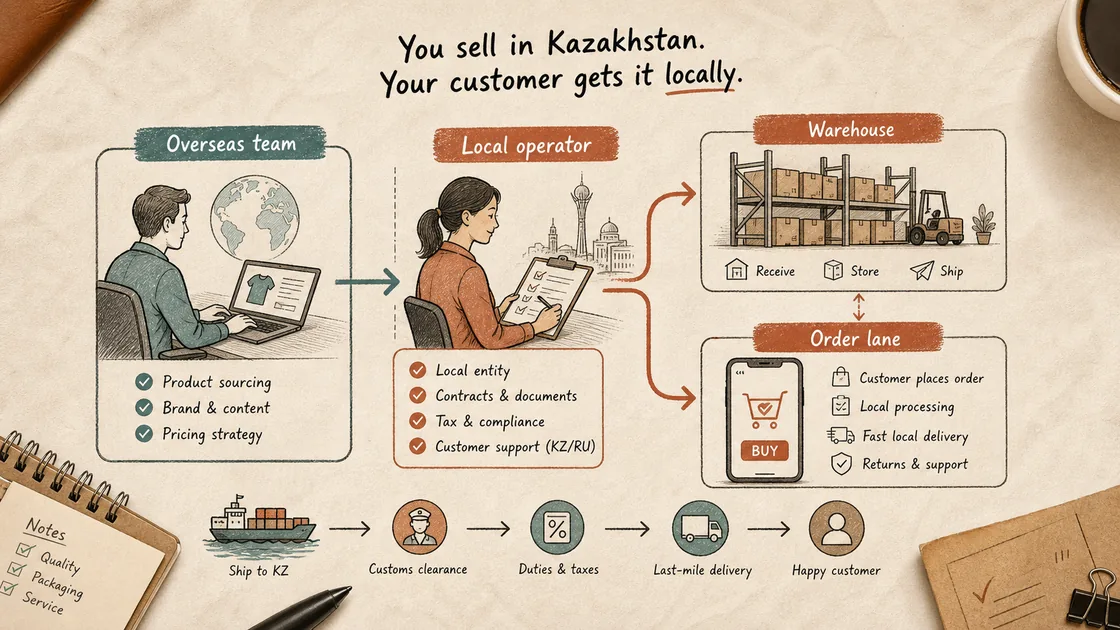 Kasakhstan marketplace integration map with merchant order, XML stock feed, QR payment, and receipt for the The barrier most foreign sellers underestimate: you sell locally, not remotely section