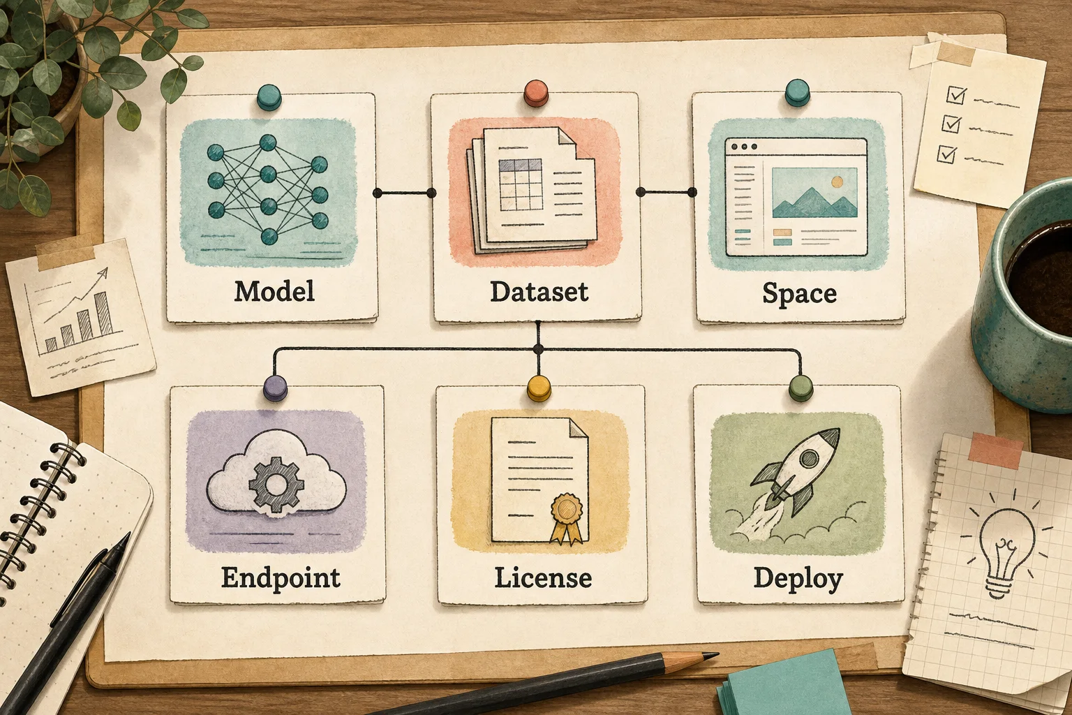 Open-model workbench with model, dataset, Space, endpoint, license, and deploy cards