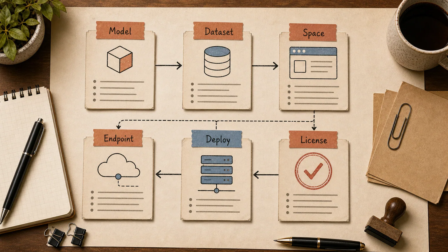 Hugging Face Hub showing models, datasets, and Spaces on the path from prototype to production