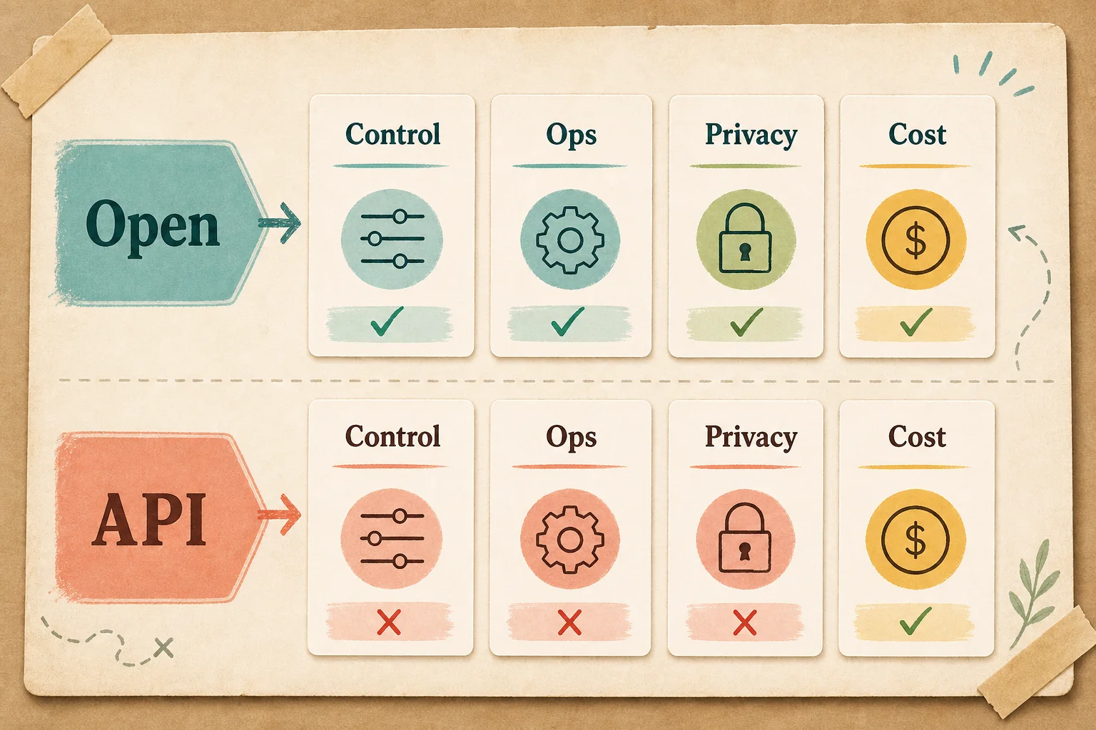 Open and API trade-off board comparing control, ops, privacy, and cost