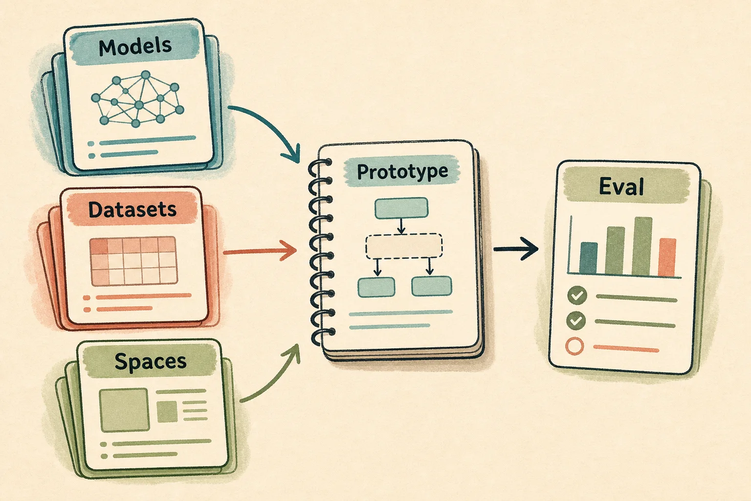 Models, datasets, and Spaces flowing into a prototype notebook and eval card