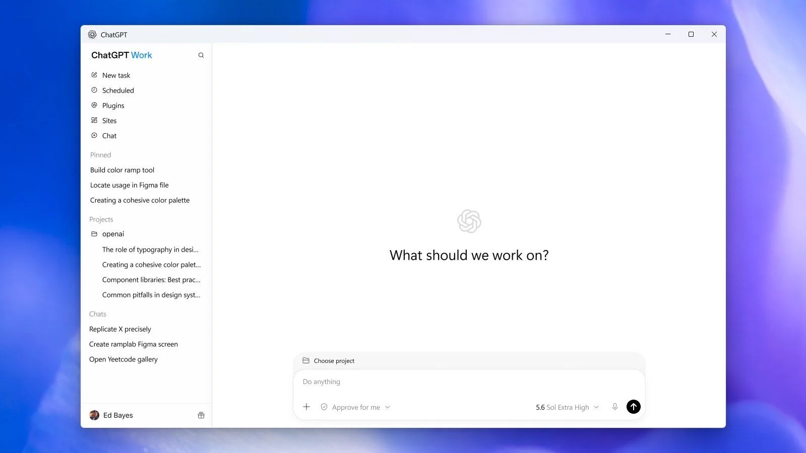 ChatGPT для Windows: стартовый экран приложения с полем ввода и выбором проекта