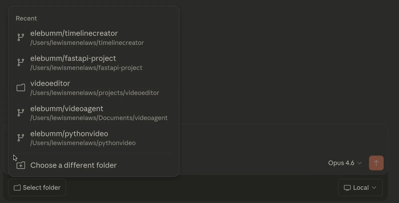 Claude Desktop, вкладка Code: кнопка Select folder с меню последних папок, пункт Choose a different folder и переключатель Local